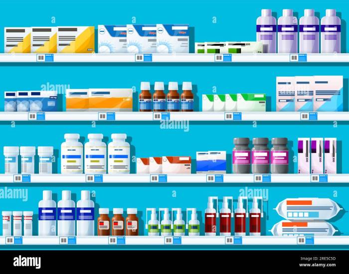 Pharmacy shelf with medicines. Vector shelves of drugstore interior ... Pharmacy Medicines