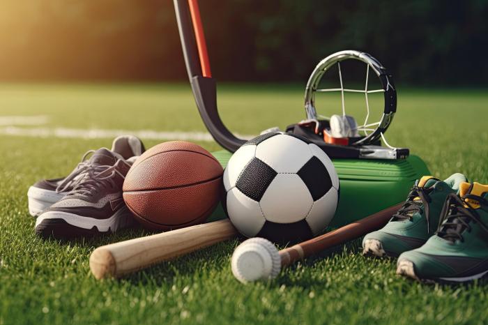 Sport equipment on green grass. Football, soccer, basketball, tennis ... Sports Equipment